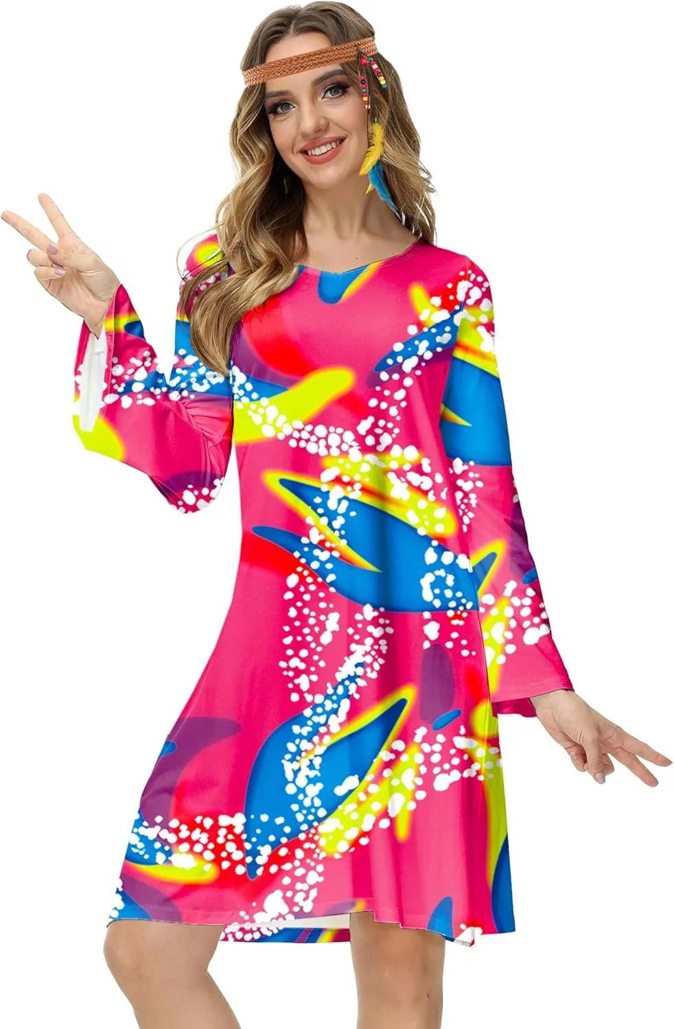 Deerose Women's 70s Hippie Costume Retro Go Go Groovy Dress