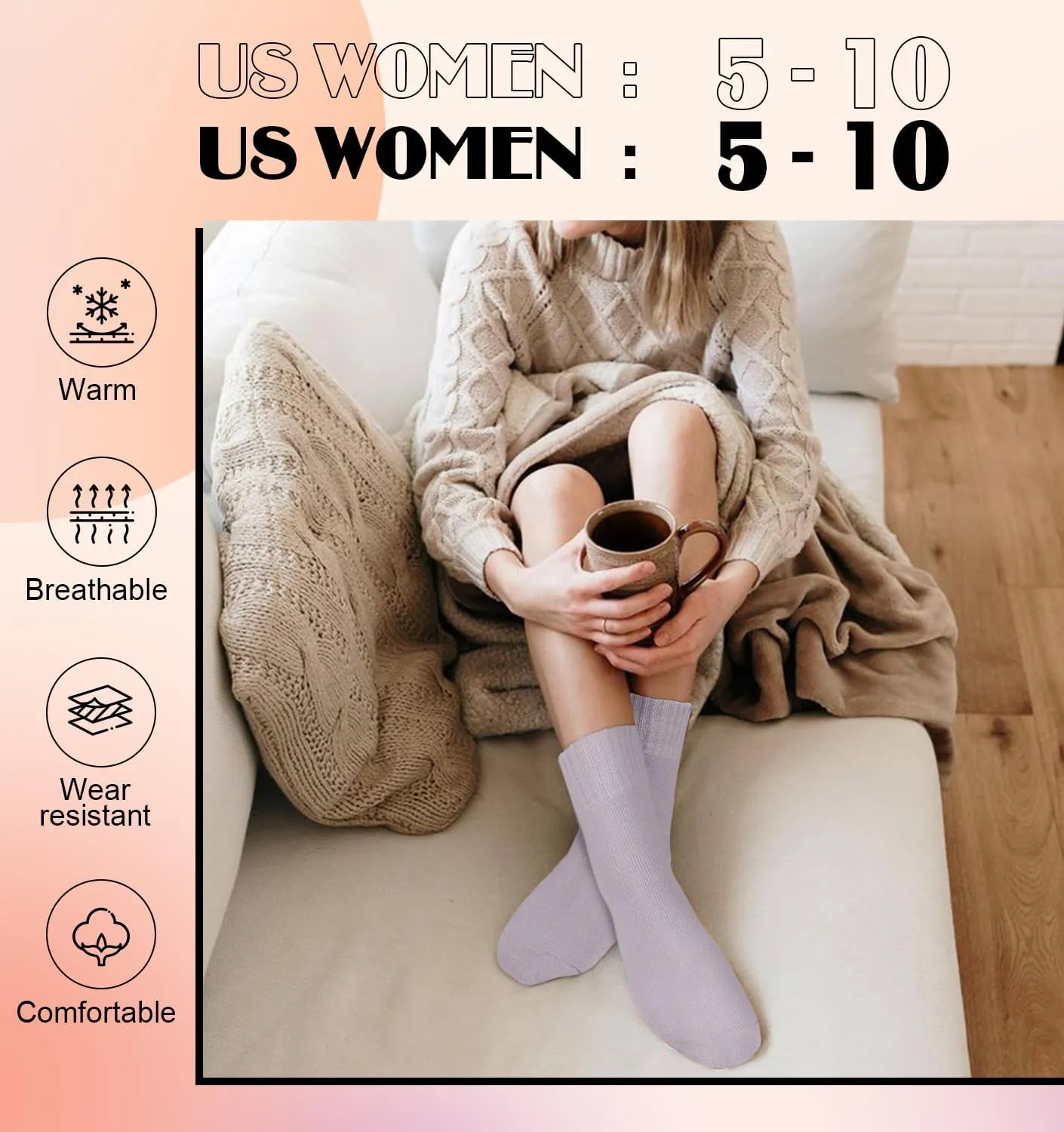 DHSO 4 Pairs Women's Thermal Socks - Thick, Warm, Cozy Crew Socks for Winter Hiking, Running, Gifts