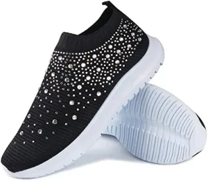 Dimleen Womens Rhinestones Glitter Fashion Mesh Walking Shoe Breathable Slip-on Loafers Non-Slip Orthopedic Arch Support Sock Sneaker (Black,9,Women,9)