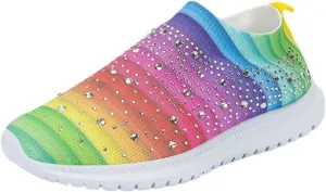 Dimleen Womens Rhinestones Glitter Fashion Mesh Walking Shoe Breathable Slip-on Loafers Non-Slip Orthopedic Arch Support Sock Sneaker (Colorful,5.5,Women,5.5)