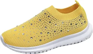 Dimleen Womens Rhinestones Glitter Fashion Mesh Walking Shoe Breathable Slip-on Loafers Non-Slip Orthopedic Arch Support Sock Sneaker (Yellow,7.5,Women,7.5)