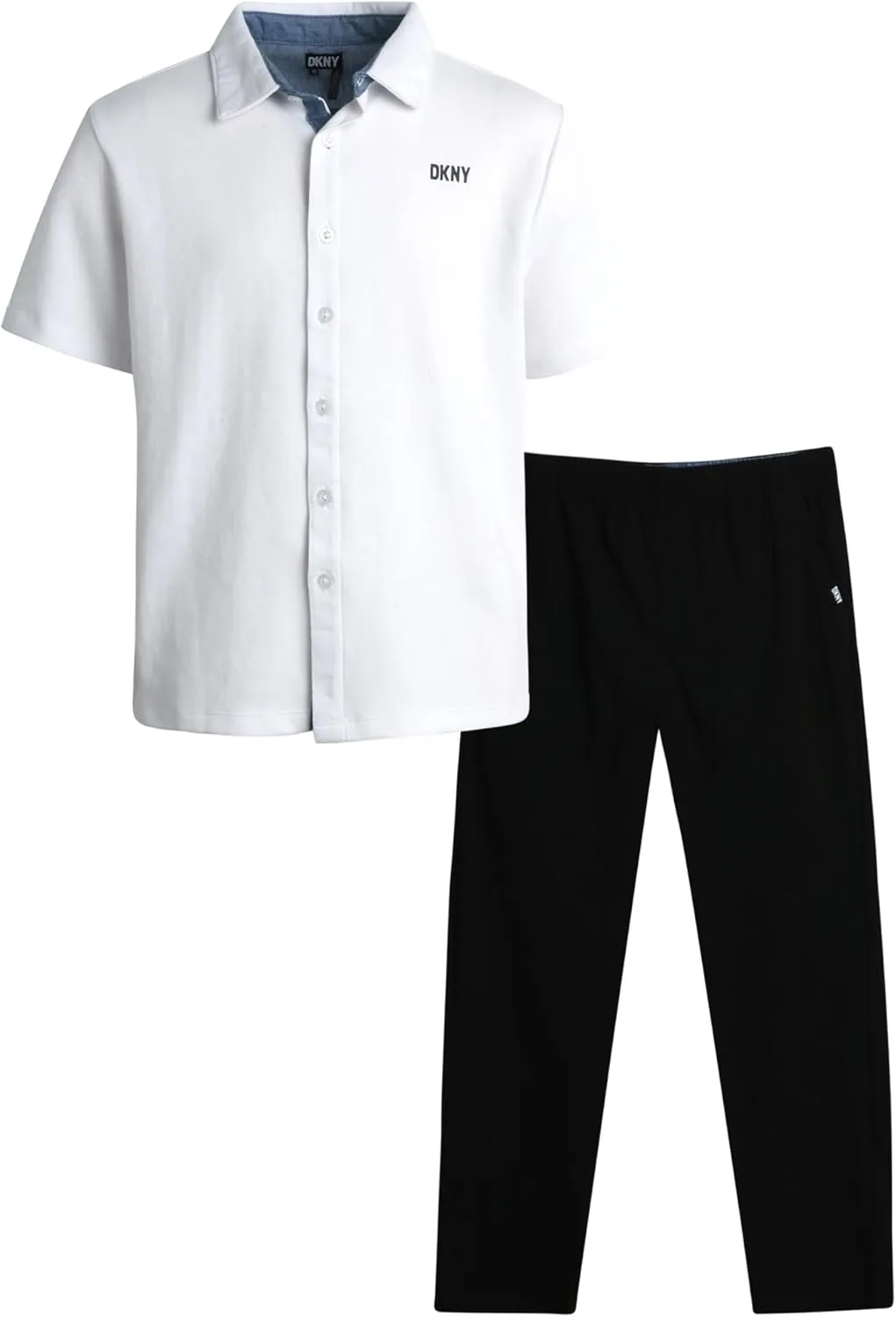DKNY Boys' Pants Set - 2 Piece Short Sleeve Collared Button Down Shirt and Flat Front Tech Jogger Pants for Boys (Sizes:8-12)