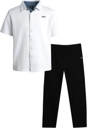 DKNY Boys' Pants Set - 2 Piece Short Sleeve Collared Button Down Shirt and Flat Front Tech Jogger Pants for Boys (Sizes:8-12)