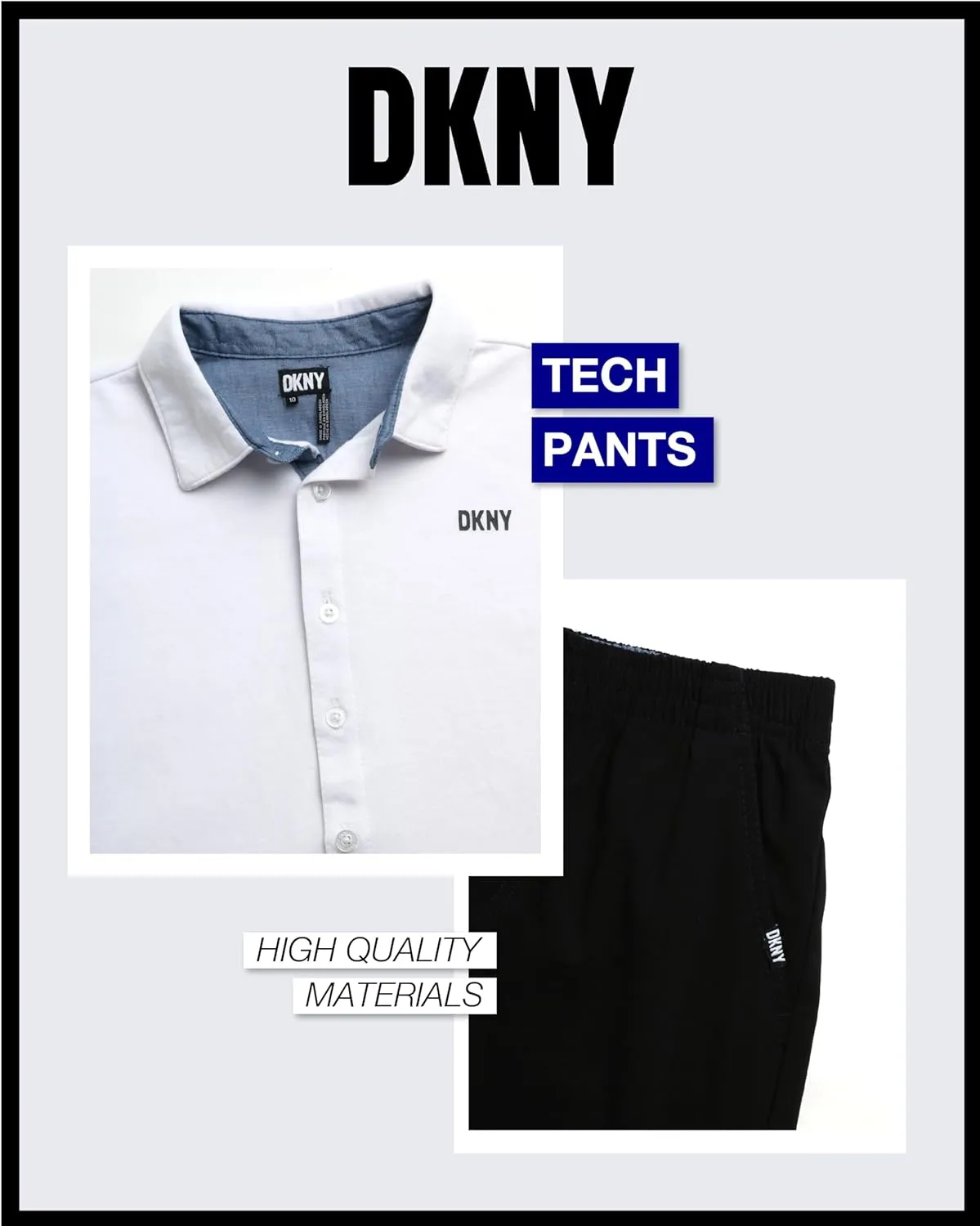 DKNY Boys' Pants Set - 2 Piece Short Sleeve Collared Button Down Shirt and Flat Front Tech Jogger Pants for Boys (Sizes:8-12)