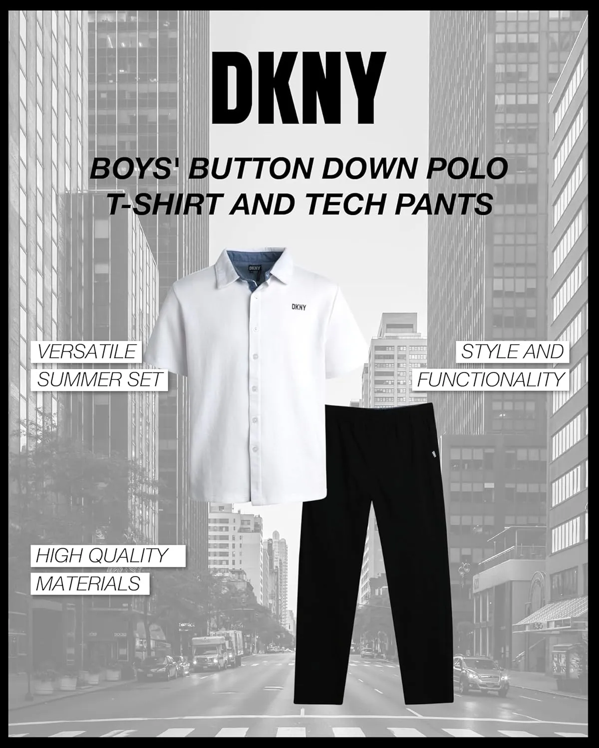 DKNY Boys' Pants Set - 2 Piece Short Sleeve Collared Button Down Shirt and Flat Front Tech Jogger Pants for Boys (Sizes:8-12)