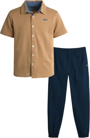 DKNY Boys' Pants Set - 2 Piece Short Sleeve Collared Button Down Shirt and Flat Front Tech Jogger Pants for Boys (Sizes:8-12)
