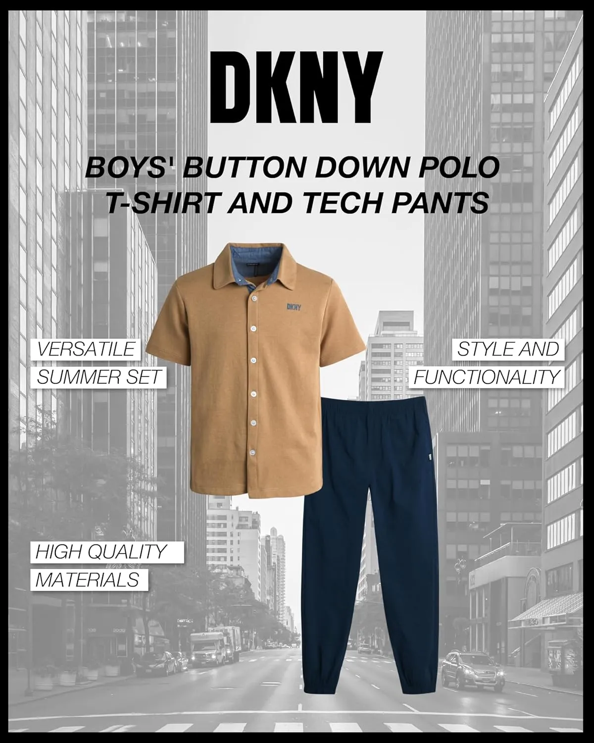 DKNY Boys' Pants Set - 2 Piece Short Sleeve Collared Button Down Shirt and Flat Front Tech Jogger Pants for Boys (Sizes:8-12)