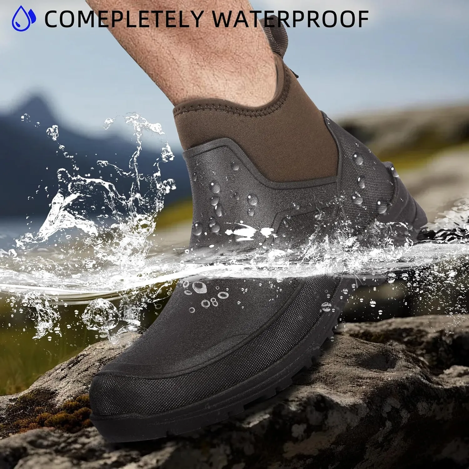 DKSUKO Men's Waterproof Neoprene Ankle Muck Boots,Durable Insulated Rubber Slip On Water Deck Boots,Outdoor Rain Footwear,Anti-Slip Mud Shoes