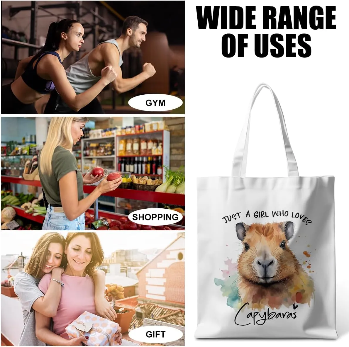 Dog Lovers Gifts Tote Bag, Capybara Frog Animal Cow Horse Raccoon Lovers Gifts for Women Reusable Grocery Bags