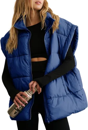 Dokotoo Women's Casual Winter Oversized Puffer Vest Stand Collar Flysleeve Insulated Padded Puffy Jackets Coat with Pockets