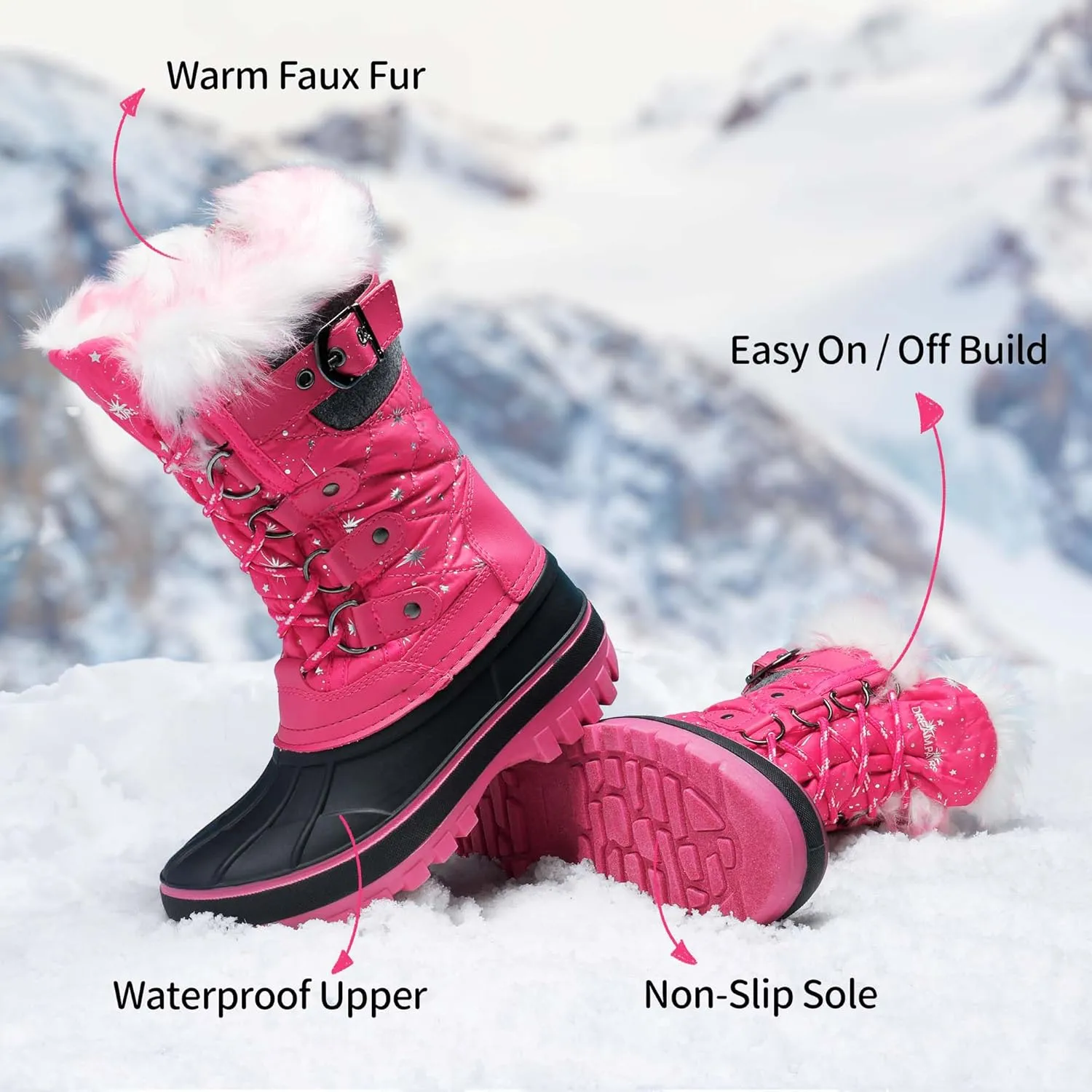 DREAM PAIRS Boys Girls Snow Boots Water-Resistant Outdoor Warm Cozy Anti-Slip Mid Calf Faux Fur Lining Insulated Winter Shoes for Little/Big Kids