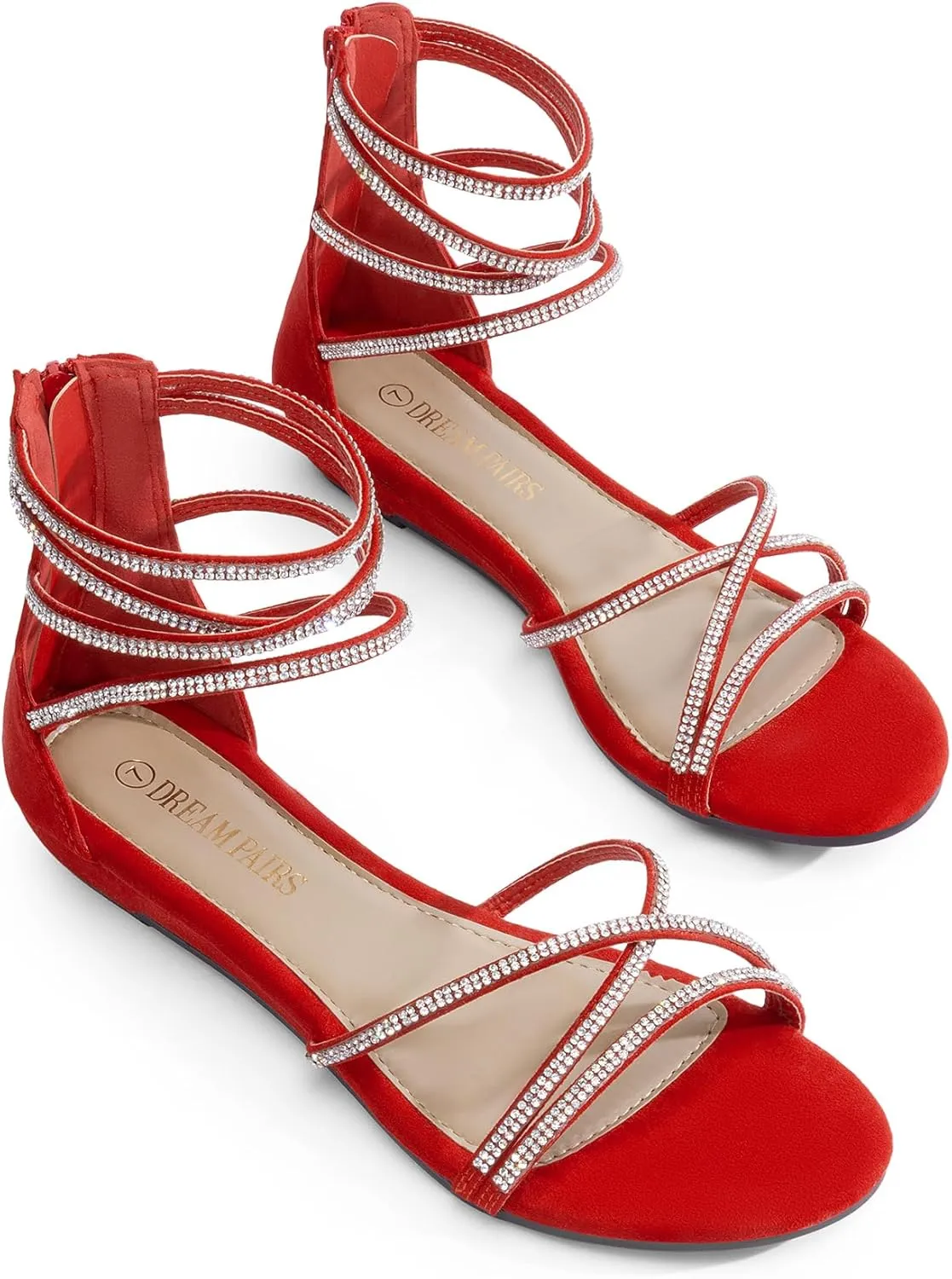 DREAM PAIRS Women's Ankle Strap Flat Sandals Summer Dressy Strappy Gladiator Rhinestones Sandals