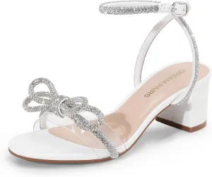 DREAM PAIRS Women's Double Bowknots Crystal Sandals Low Chunky Heels Clear Slingback Dress Shoes for Wedding Bridal Party