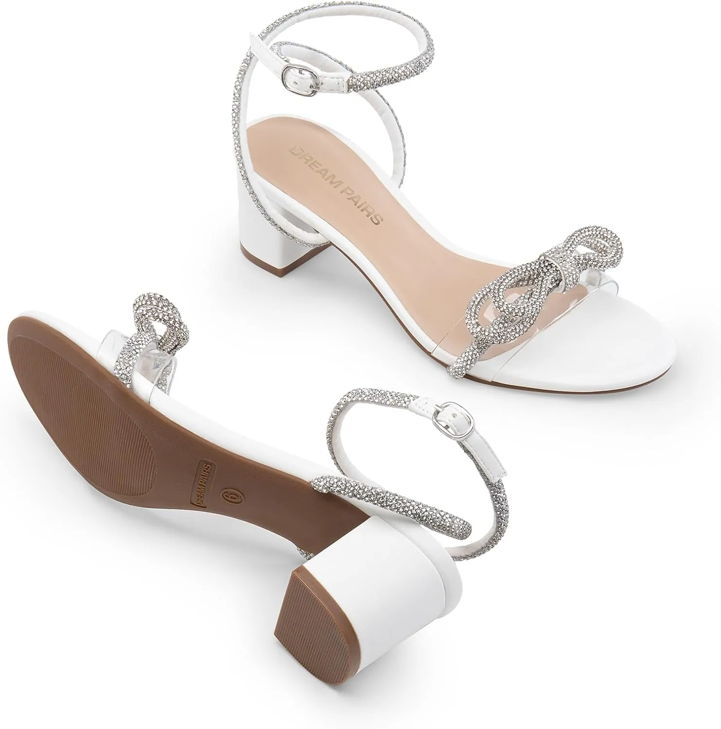 DREAM PAIRS Women's Double Bowknots Crystal Sandals Low Chunky Heels Clear Slingback Dress Shoes for Wedding Bridal Party