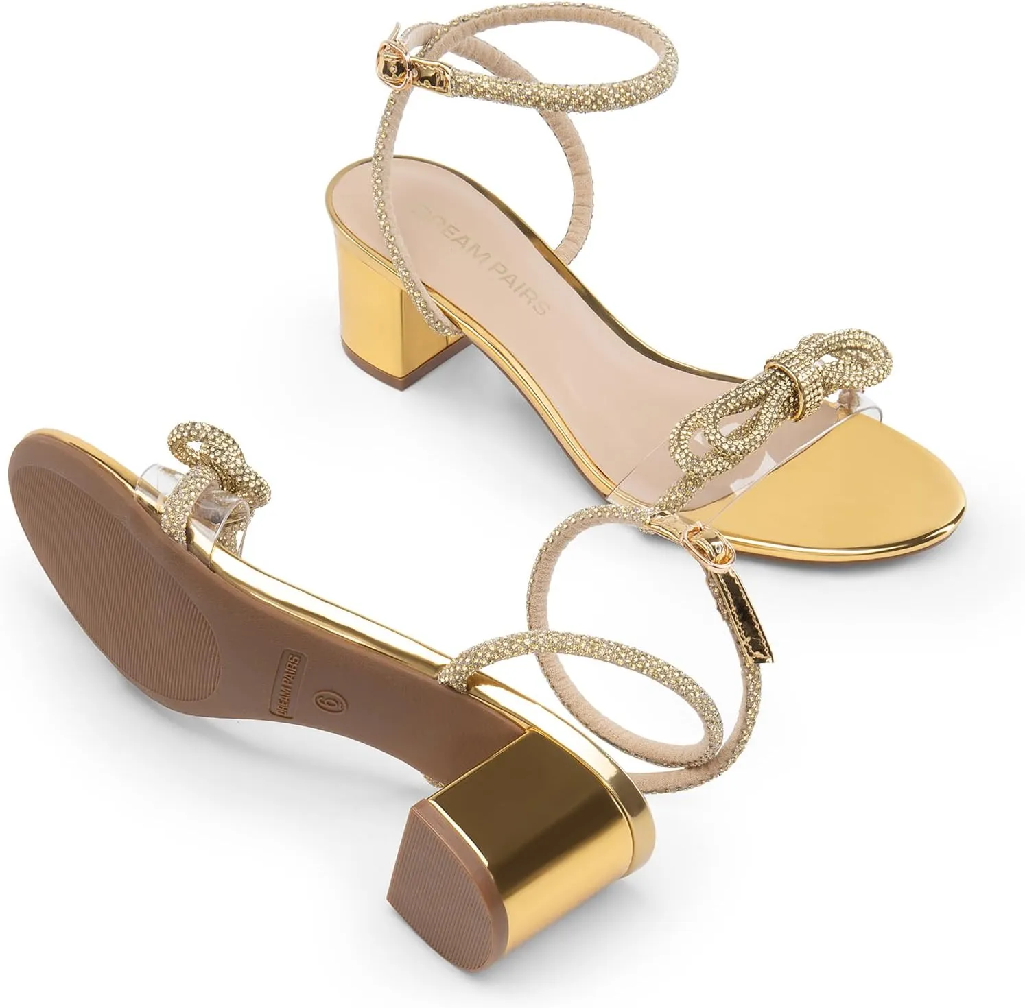 DREAM PAIRS Women's Double Bowknots Crystal Sandals Low Chunky Heels Clear Slingback Dress Shoes for Wedding Bridal Party