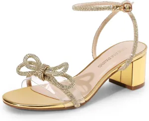 DREAM PAIRS Women's Double Bowknots Crystal Sandals Low Chunky Heels Clear Slingback Dress Shoes for Wedding Bridal Party