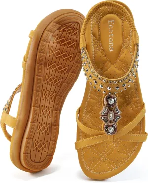 Ecetana Womens Flats Sandals Dressy Summer Boho Comfortable Casual Ankle Strap Non Slip Rhinestone Shoes