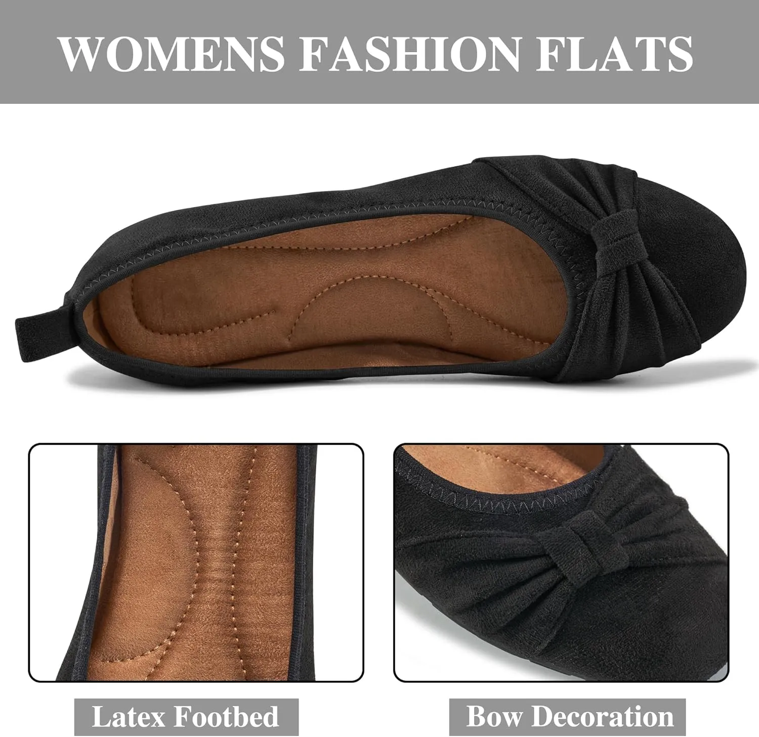 Ecetana Womens Flats Shoes Dressy: Round Toe Bowknot Suede Foldable Comfortable Casual Slip On Ballet Loafers