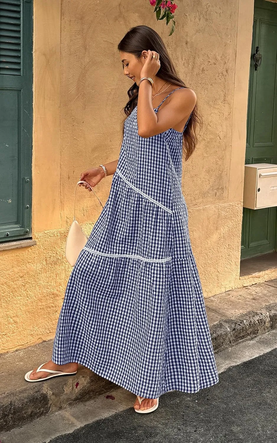 ECOWISH Women Sleeveless Maxi Dress: Summer Spaghetti Strap Casual Loose Boho Beach Dress Asymmetric Tiered Flowy Long Dress