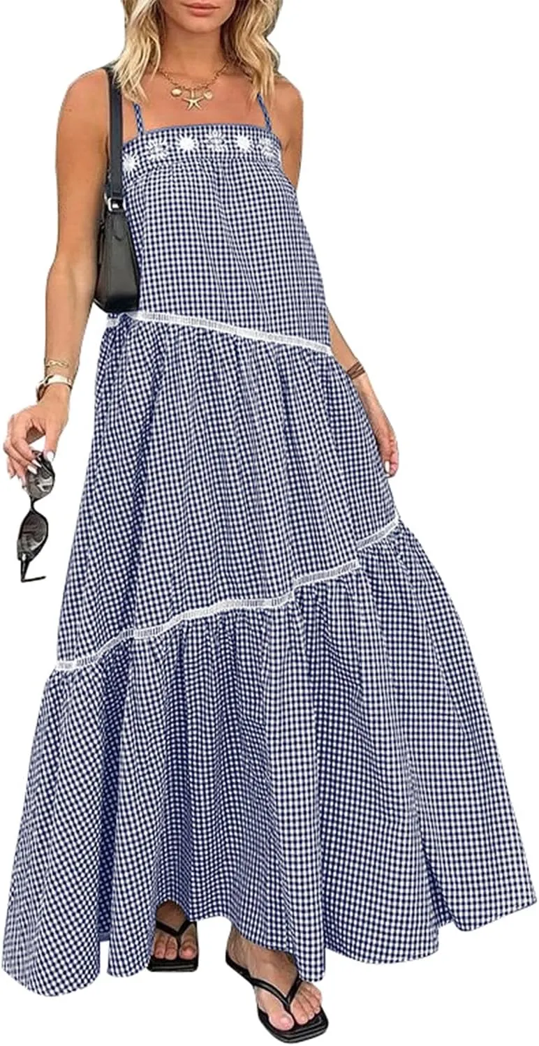 ECOWISH Women Sleeveless Maxi Dress: Summer Spaghetti Strap Casual Loose Boho Beach Dress Asymmetric Tiered Flowy Long Dress