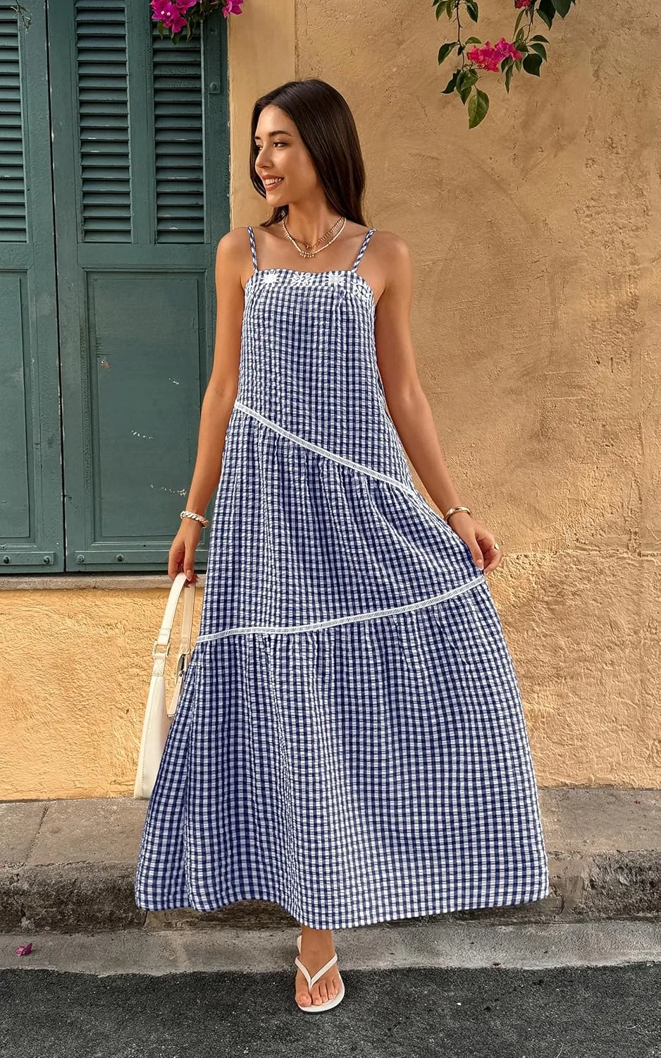 ECOWISH Women Sleeveless Maxi Dress: Summer Spaghetti Strap Casual Loose Boho Beach Dress Asymmetric Tiered Flowy Long Dress