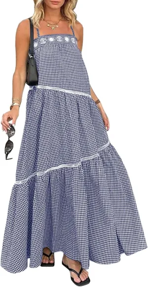 ECOWISH Women Sleeveless Maxi Dress: Summer Spaghetti Strap Casual Loose Boho Beach Dress Asymmetric Tiered Flowy Long Dress