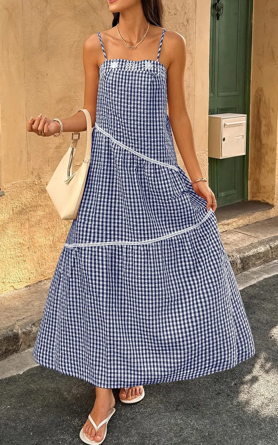 ECOWISH Women Sleeveless Maxi Dress: Summer Spaghetti Strap Casual Loose Boho Beach Dress Asymmetric Tiered Flowy Long Dress