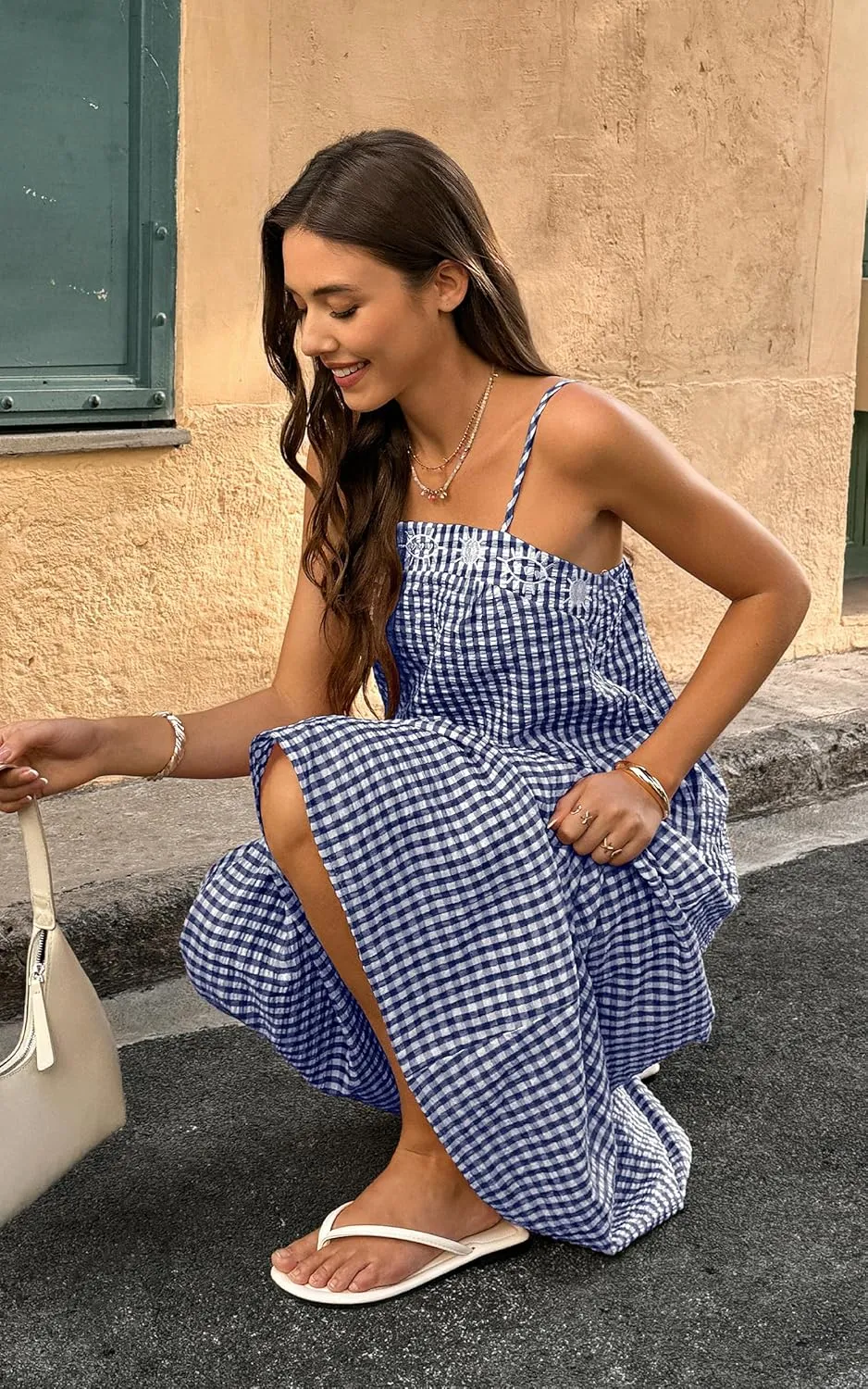 ECOWISH Women Sleeveless Maxi Dress: Summer Spaghetti Strap Casual Loose Boho Beach Dress Asymmetric Tiered Flowy Long Dress