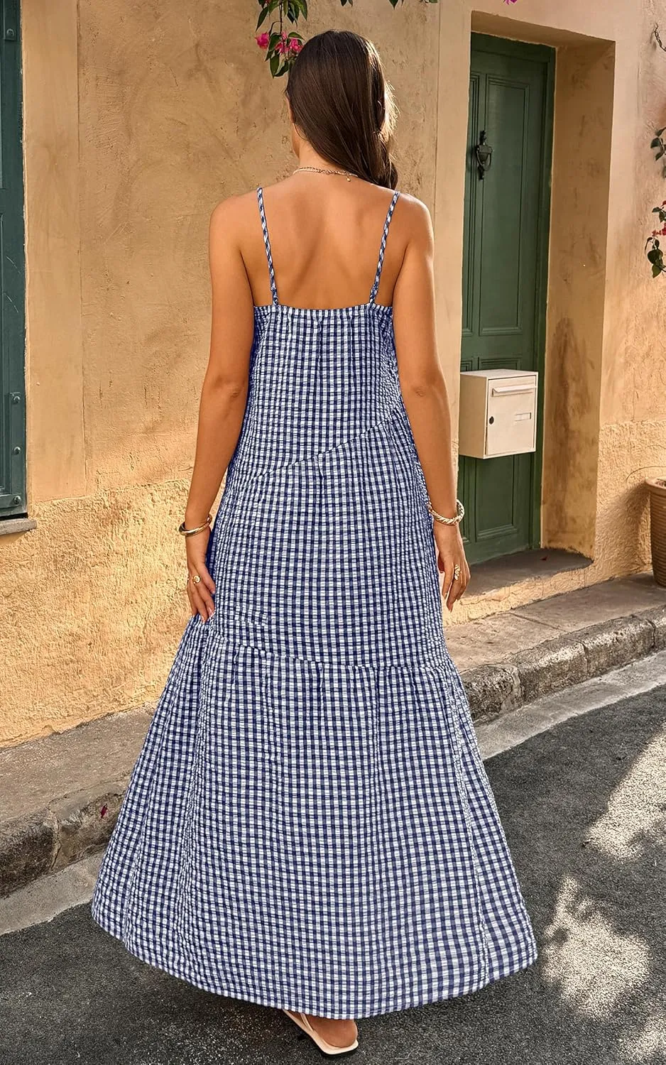 ECOWISH Women Sleeveless Maxi Dress: Summer Spaghetti Strap Casual Loose Boho Beach Dress Asymmetric Tiered Flowy Long Dress