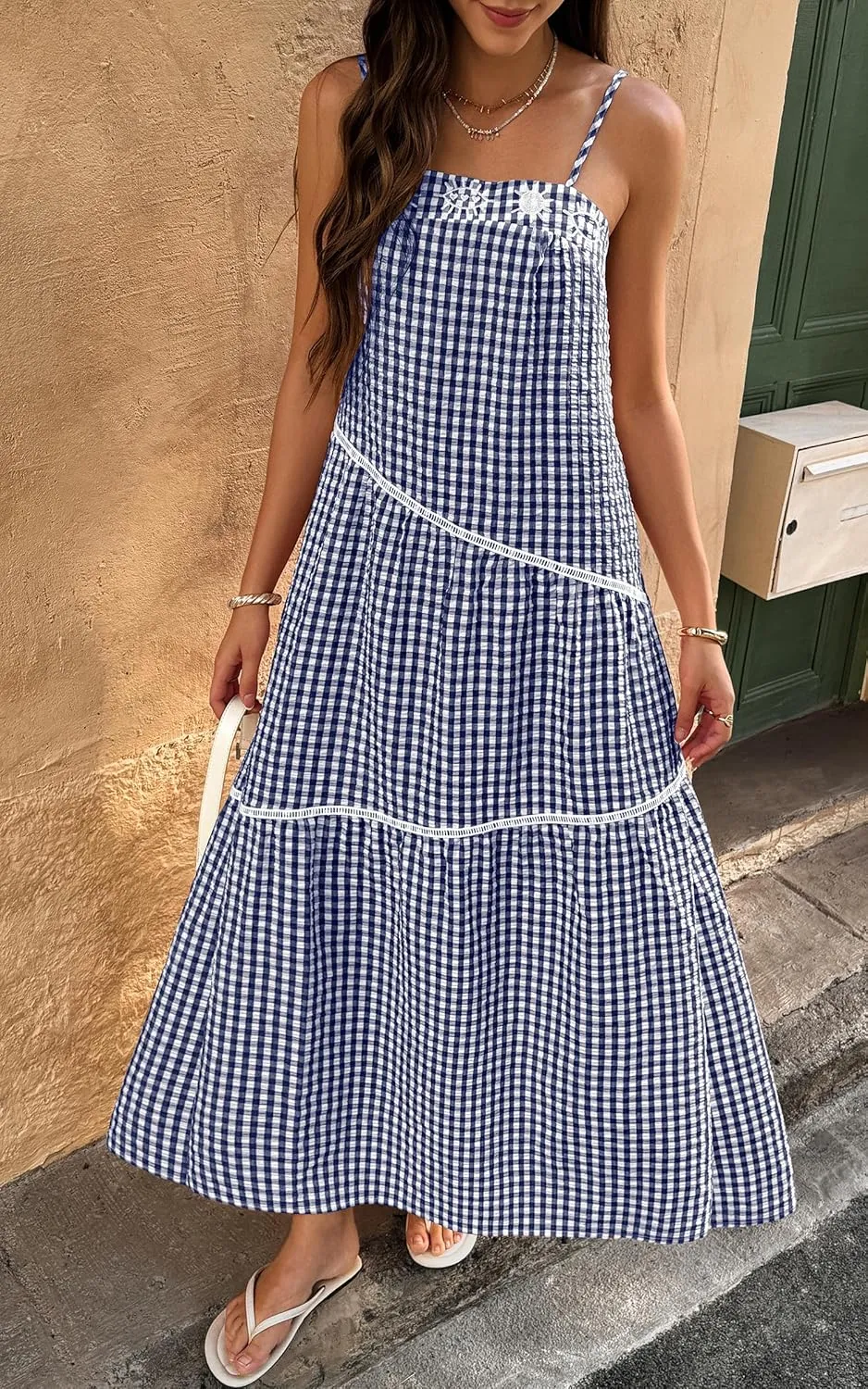 ECOWISH Women Sleeveless Maxi Dress: Summer Spaghetti Strap Casual Loose Boho Beach Dress Asymmetric Tiered Flowy Long Dress