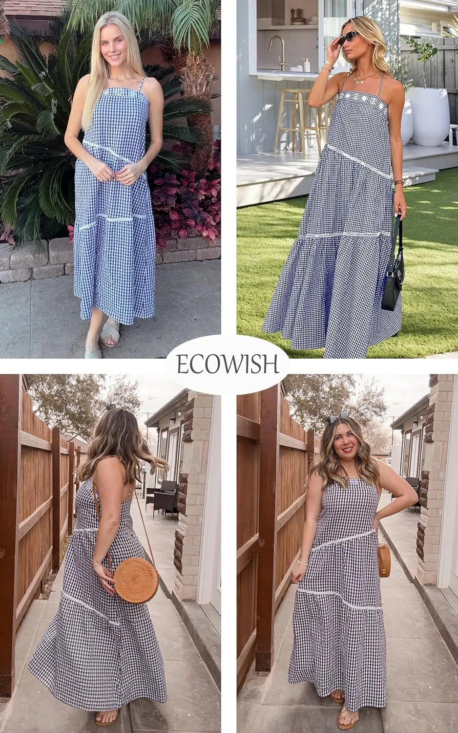 ECOWISH Women Sleeveless Maxi Dress: Summer Spaghetti Strap Casual Loose Boho Beach Dress Asymmetric Tiered Flowy Long Dress