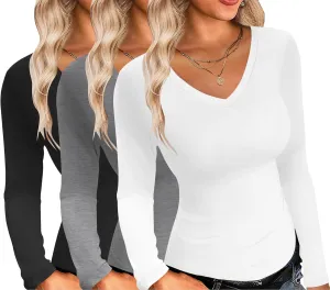 Ekouaer Womens 3 Pack Long Sleeve Shirts V Neck Slim Fit Lightweight Layer Tops 2024 Fall Clothes Thermal Undershirts