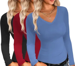 Ekouaer Womens 3 Pack Long Sleeve Shirts V Neck Slim Fit Lightweight Layer Tops 2024 Fall Clothes Thermal Undershirts