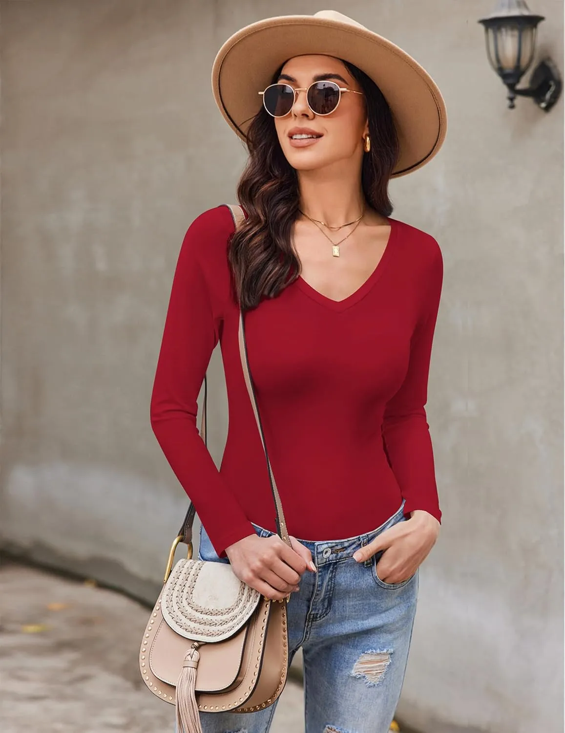 Ekouaer Womens 3 Pack Long Sleeve Shirts V Neck Slim Fit Lightweight Layer Tops 2024 Fall Clothes Thermal Undershirts