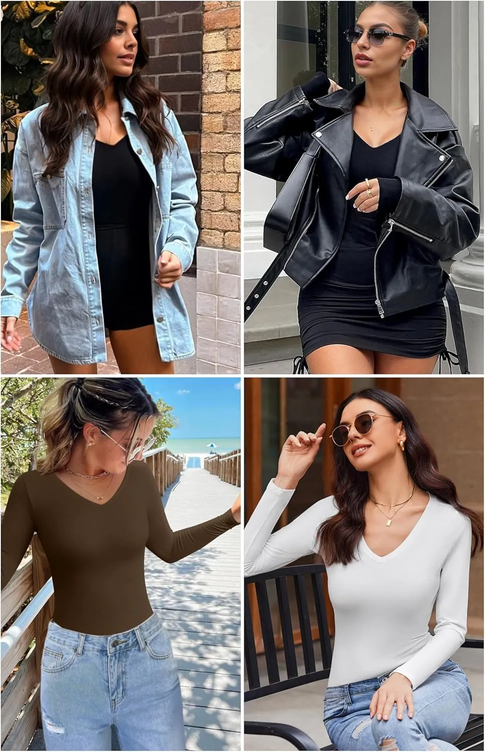 Ekouaer Womens 3 Pack Long Sleeve Shirts V Neck Slim Fit Lightweight Layer Tops 2024 Fall Clothes Thermal Undershirts