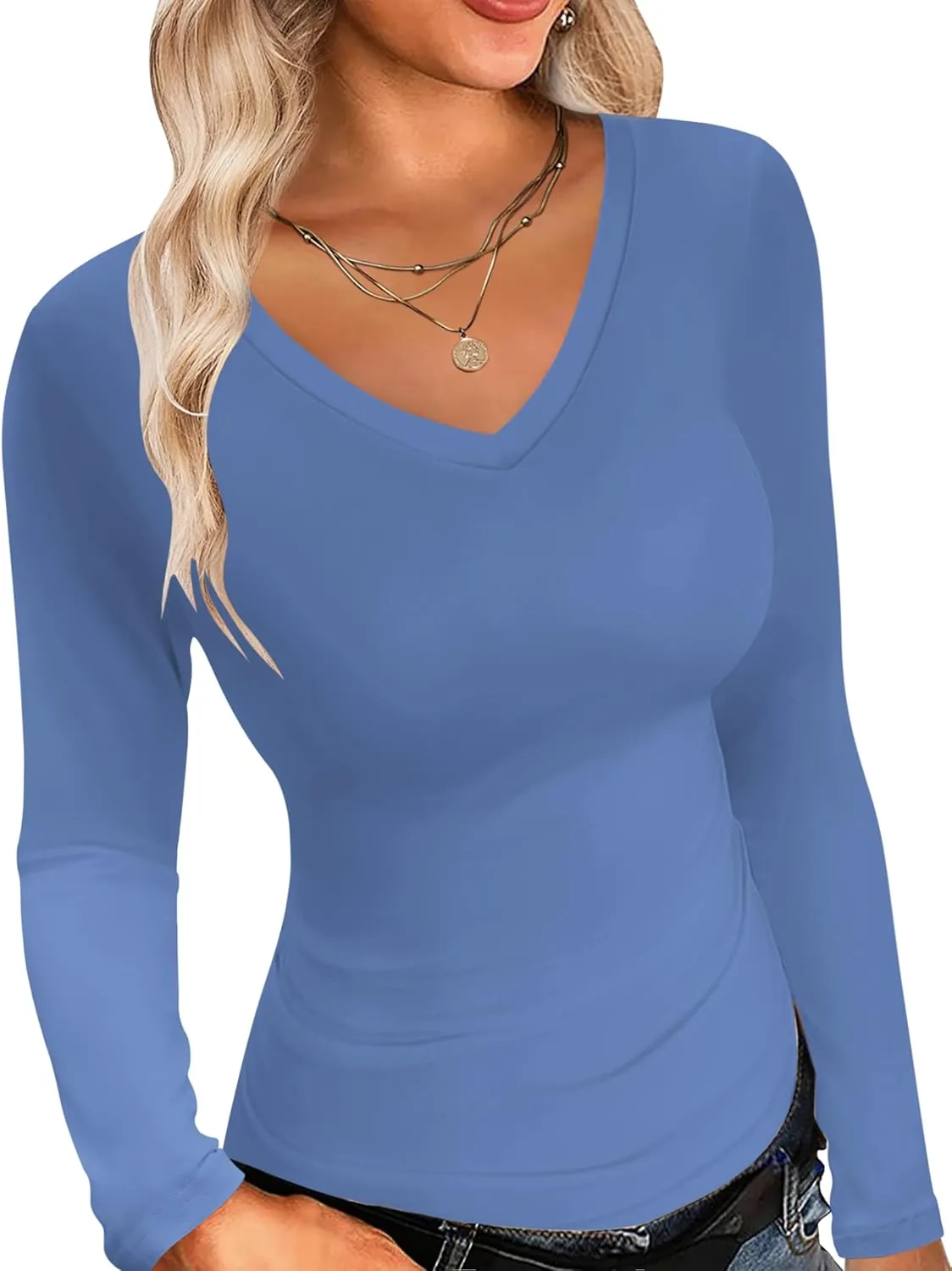 Ekouaer Womens 3 Pack Long Sleeve Shirts V Neck Slim Fit Lightweight Layer Tops 2024 Fall Clothes Thermal Undershirts