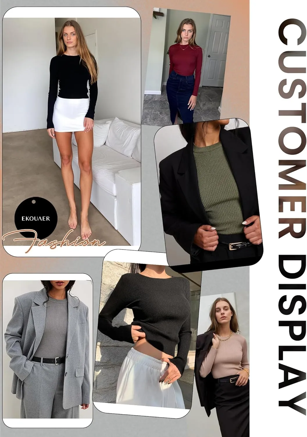 Ekouaer Womens Long Sleeve Shirts Crew Neck Stretchy Fitted Ribbed Tops Basic Base Layer Soft Thermal Undershirts Tee