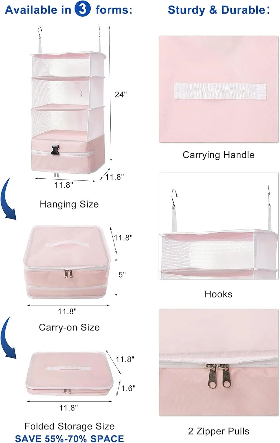 ELEZAY Hanging Packing Cubes Portable Closet Shelves Travel Collapsible Compression Garment Organizer for Carry-on Luggage Suitcase with Breathable Perforated Material Large_11.8 * 11.8 * 24 in, Pink