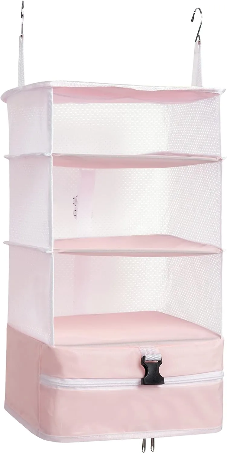 ELEZAY Hanging Packing Cubes Portable Closet Shelves Travel Collapsible Compression Garment Organizer for Carry-on Luggage Suitcase with Breathable Perforated Material Large_11.8 * 11.8 * 24 in, Pink
