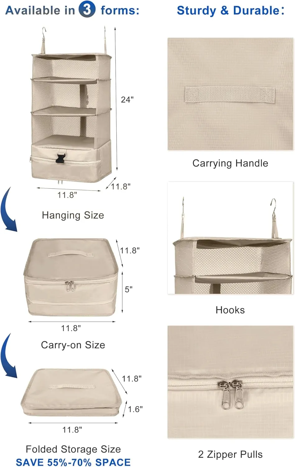 ELEZAY Hanging Packing Cubes Portable Travel Closet Collapsible Compression Clothes Organizer with Built in Shelves for Carry-on Luggage Suitcase Wardrobe Large_11.8 * 11.8 * 24 in, Beige