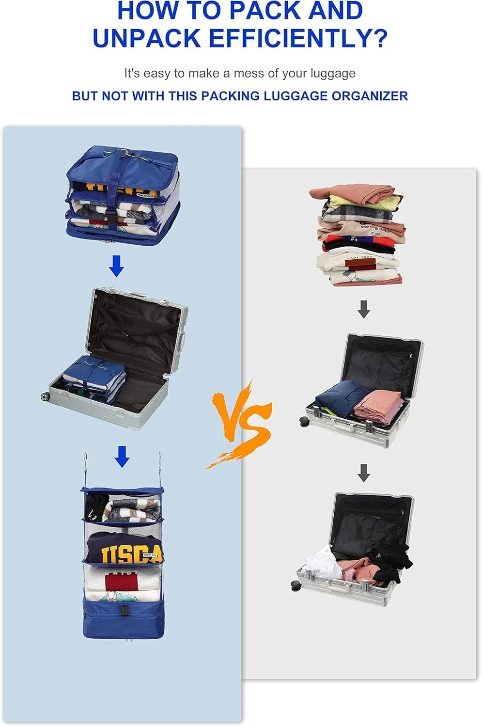 ELEZAY Hanging Packing Cubes Portable Travel Closet Collapsible Compression Clothes Organizer with Built in Shelves for Carry-on Luggage Suitcase Wardrobe Large_11.8 * 11.8 * 24 in, Beige