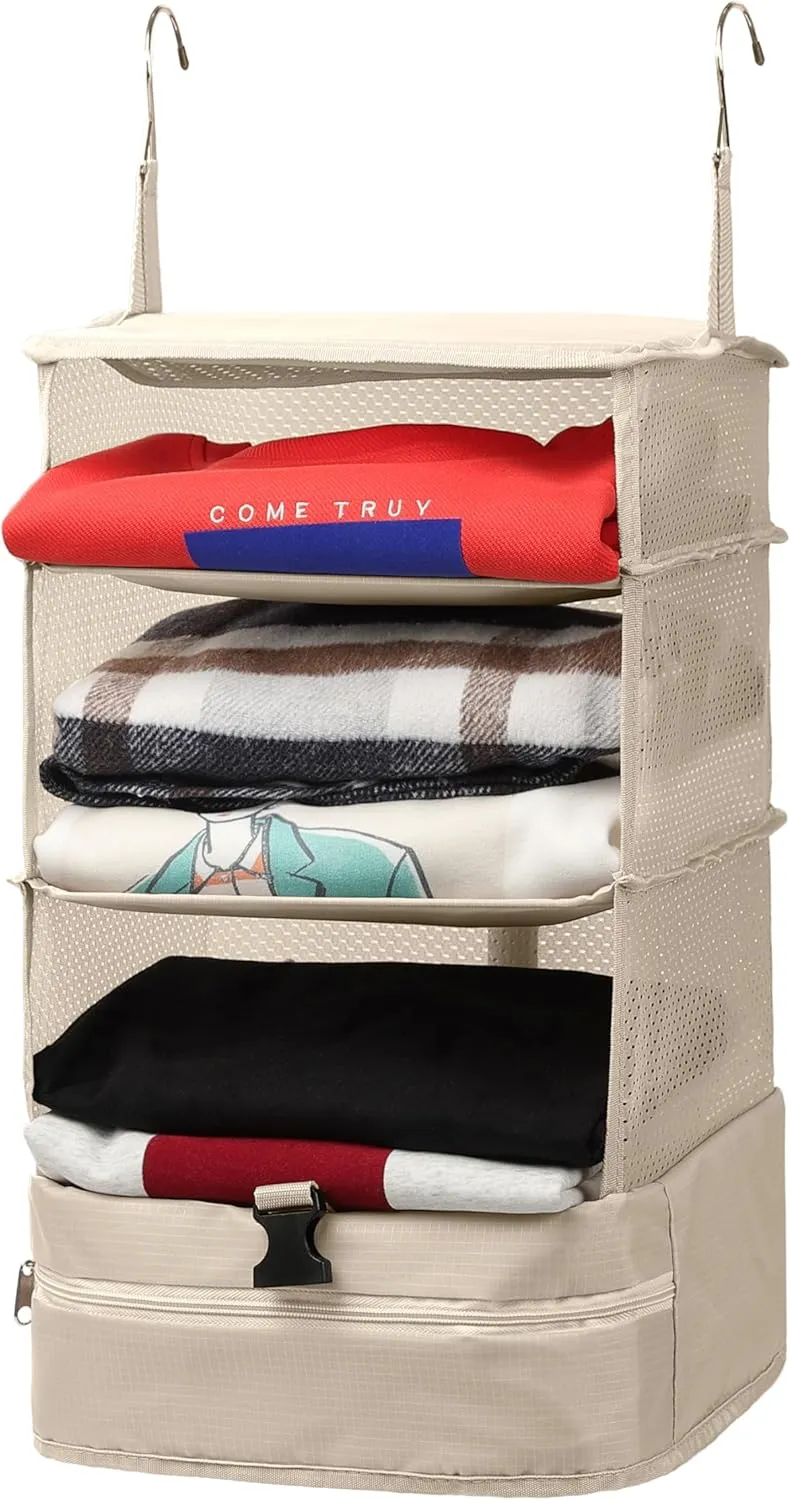 ELEZAY Hanging Packing Cubes Portable Travel Closet Collapsible Compression Clothes Organizer with Built in Shelves for Carry-on Luggage Suitcase Wardrobe Large_11.8 * 11.8 * 24 in, Beige
