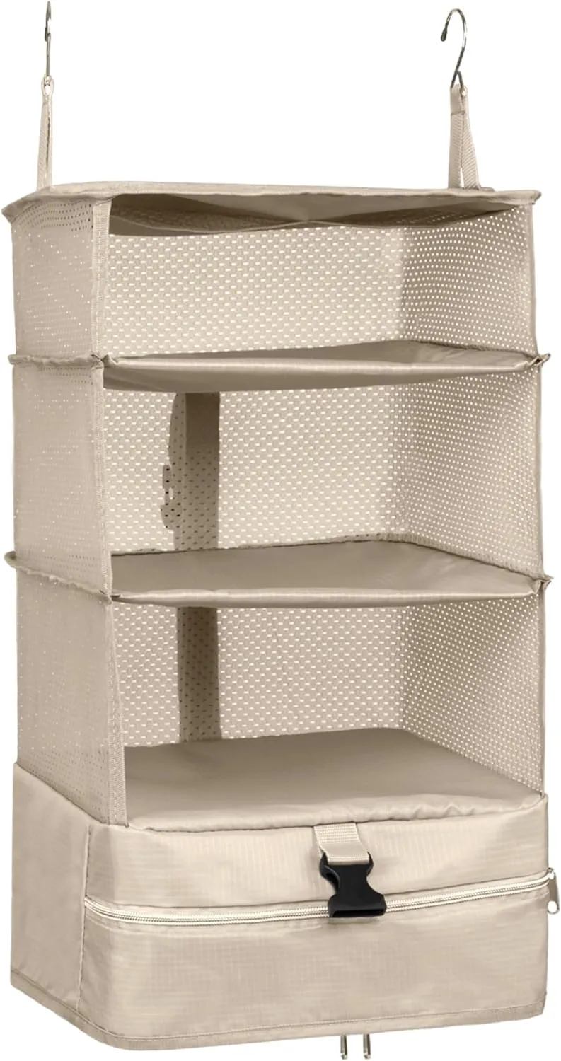 ELEZAY Hanging Packing Cubes Portable Travel Closet Collapsible Compression Clothes Organizer with Built in Shelves for Carry-on Luggage Suitcase Wardrobe Large_11.8 * 11.8 * 24 in, Beige
