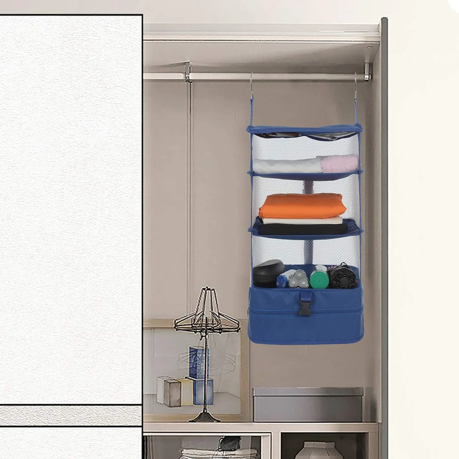 ELEZAY Hanging Packing Cubes Portable Travel Closet Collapsible Compression Clothes Organizer with Built in Shelves for Carry-on Luggage Suitcase Wardrobe Large_11.8 * 11.8 * 24 IN, Blue