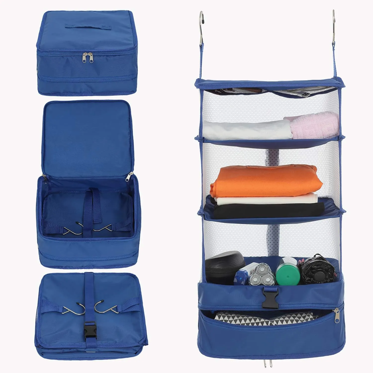 ELEZAY Hanging Packing Cubes Portable Travel Closet Collapsible Compression Clothes Organizer with Built in Shelves for Carry-on Luggage Suitcase Wardrobe Large_11.8 * 11.8 * 24 IN, Blue