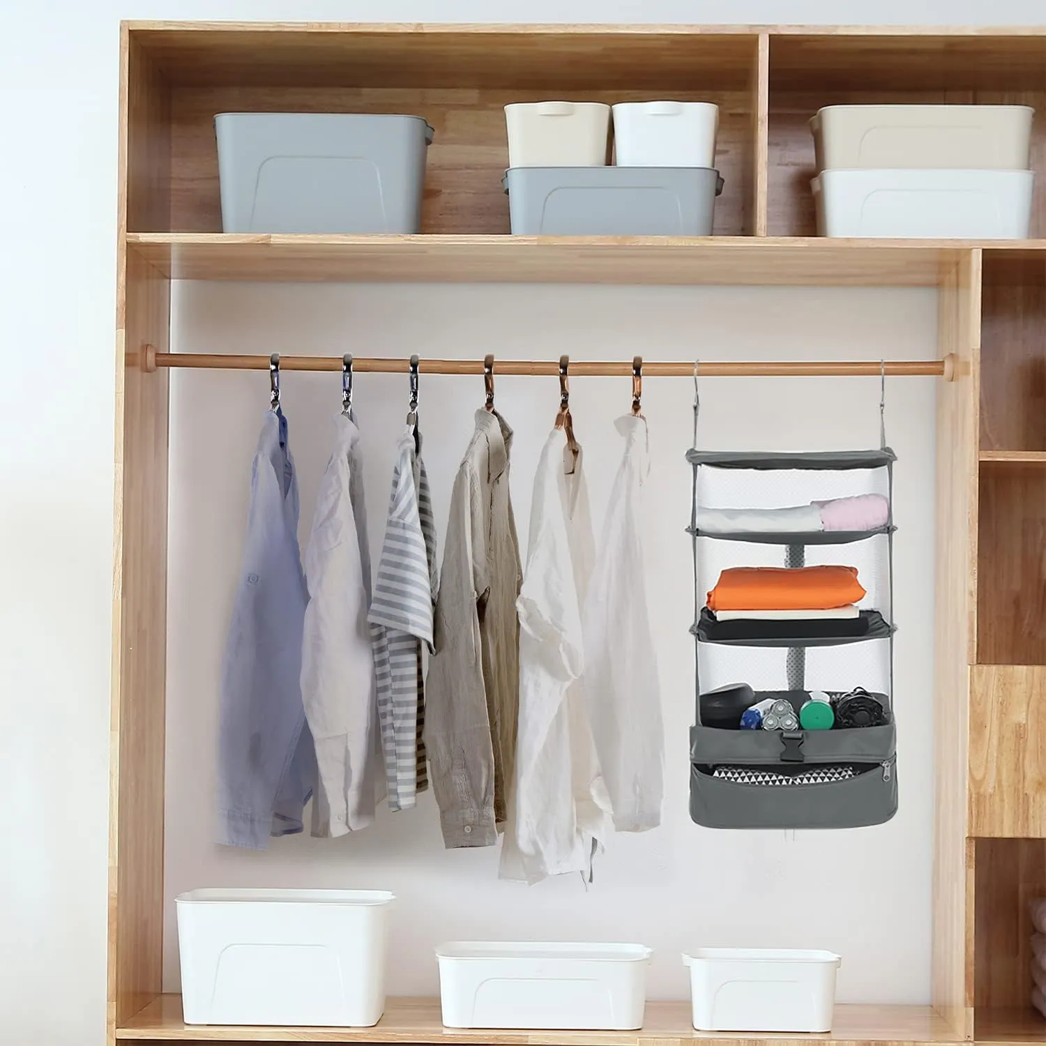 ELEZAY Hanging Packing Cubes Portable Travel Closet Collapsible Compression Clothes Organizer with Built in Shelves for Carry-on Luggage Suitcase Wardrobe Large_11.8 * 11.8 * 24 in, Grey