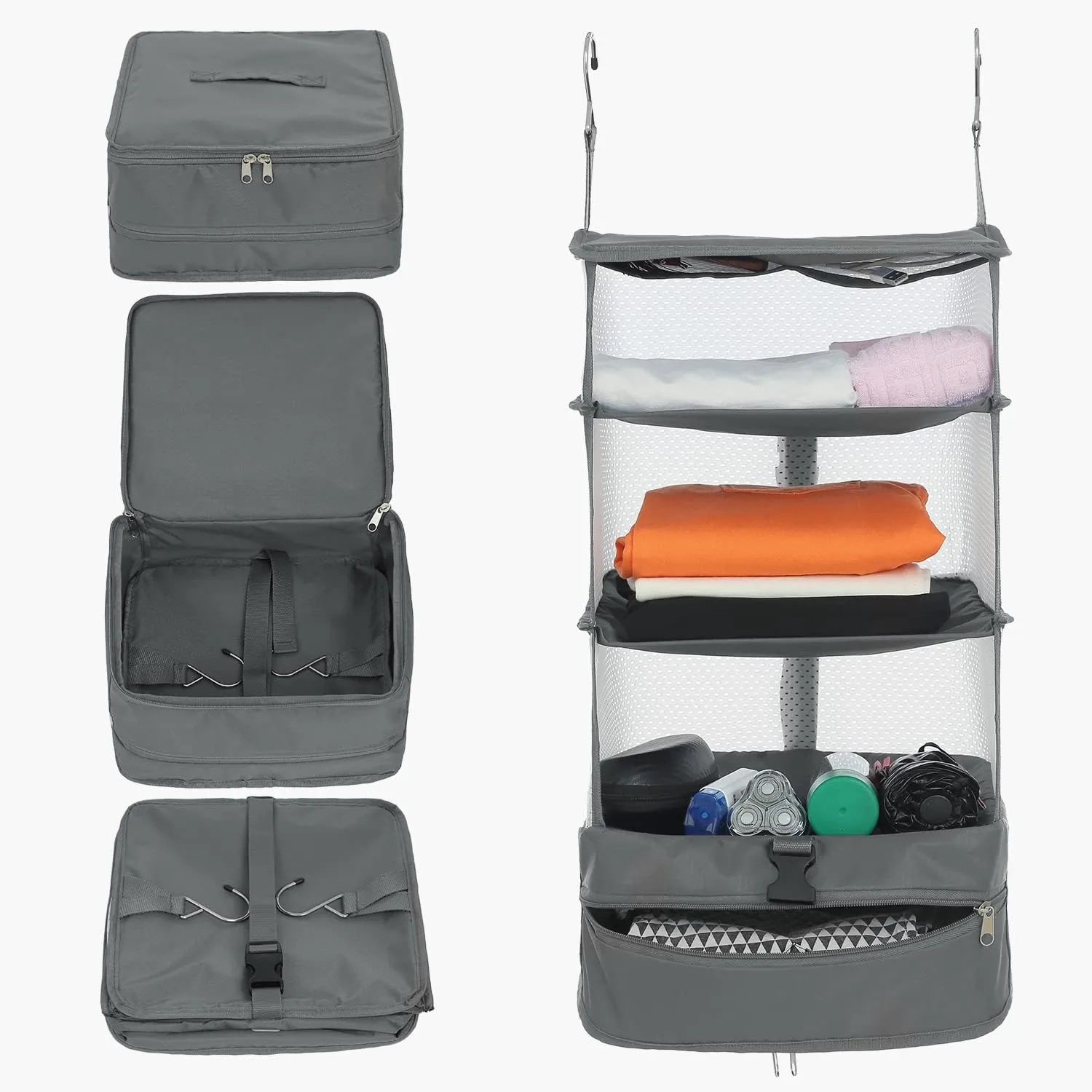 ELEZAY Hanging Packing Cubes Portable Travel Closet Collapsible Compression Clothes Organizer with Built in Shelves for Carry-on Luggage Suitcase Wardrobe Large_11.8 * 11.8 * 24 in, Grey