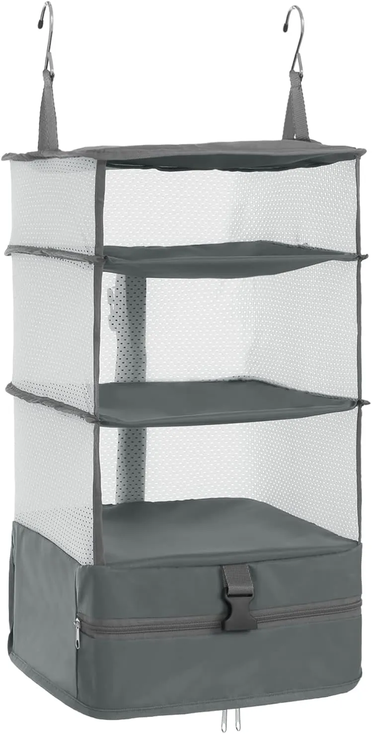 ELEZAY Hanging Packing Cubes Portable Travel Closet Collapsible Compression Clothes Organizer with Built in Shelves for Carry-on Luggage Suitcase Wardrobe Large_11.8 * 11.8 * 24 in, Grey
