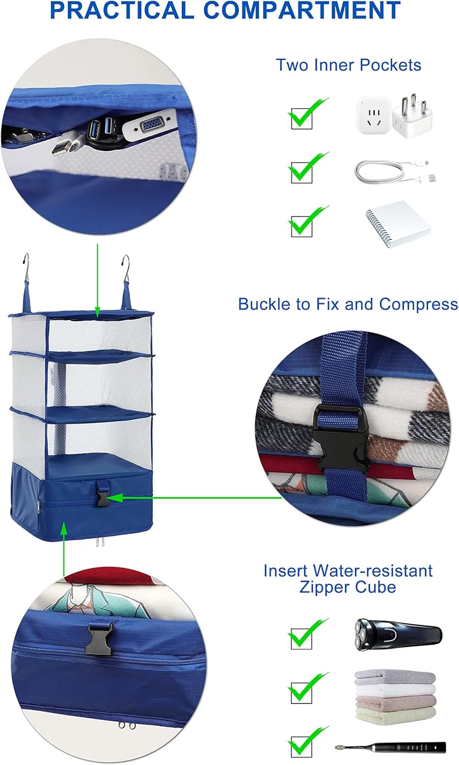 ELEZAY Hanging Packing Cubes Portable Travel Closet Collapsible Compression Clothes Organizer with Built in Shelves for Carry-on Luggage Suitcase Wardrobe Large_11.8*11.8*24 IN, Black