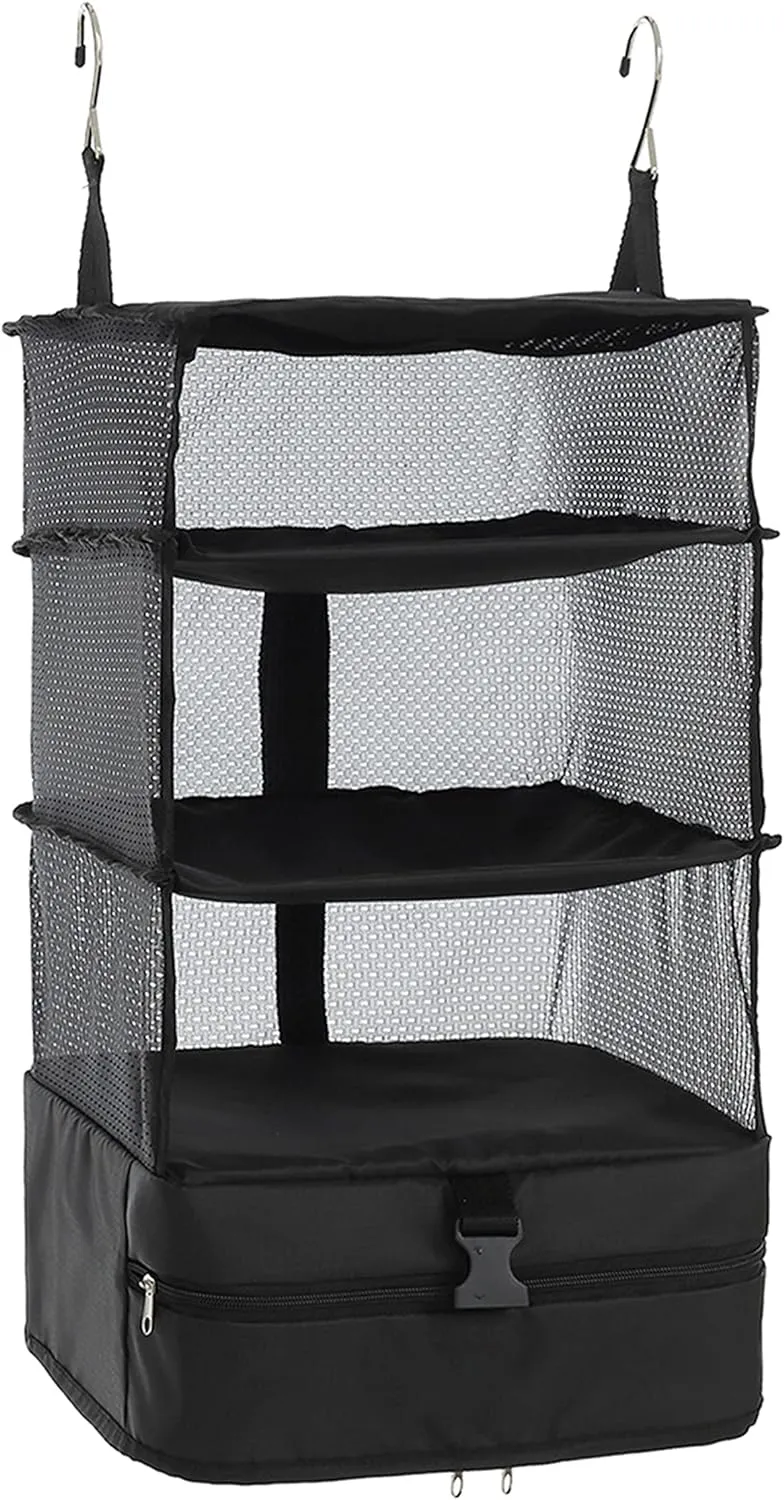 ELEZAY Hanging Packing Cubes Portable Travel Closet Collapsible Compression Clothes Organizer with Built in Shelves for Carry-on Luggage Suitcase Wardrobe Large_11.8*11.8*24 IN, Black